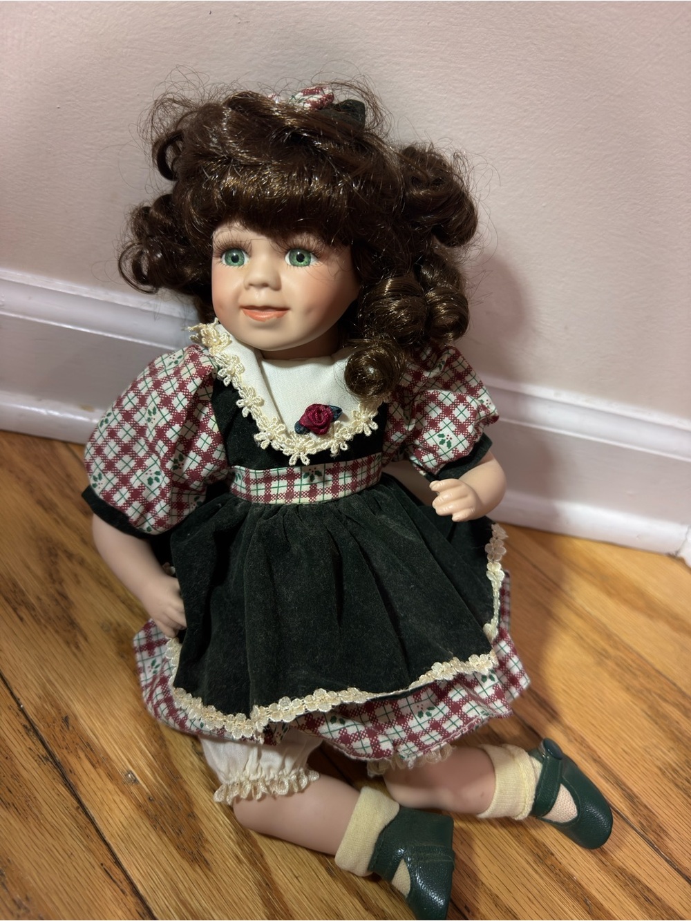 Vintage Porcelain Doll with Plaid Skirt Sitting Figurine 10” Collectible Decor
